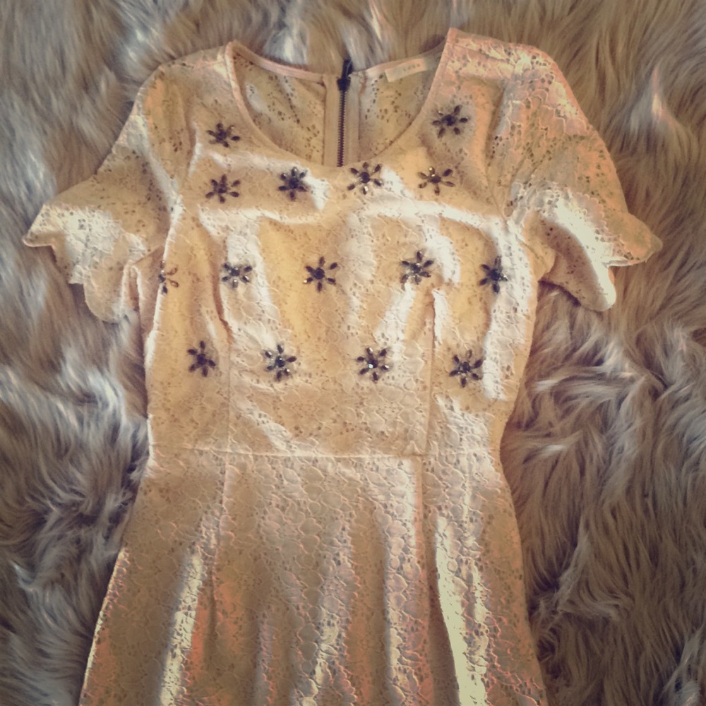 Lace Dress With Jewel Flower Accents